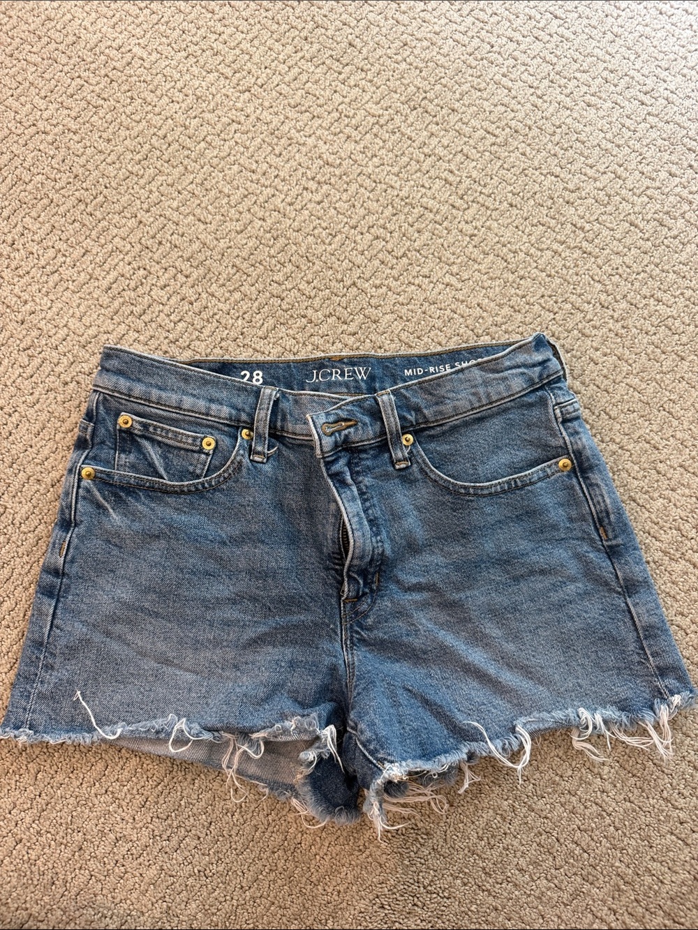 J. Crew Mid-Rise Distressed Denim Shorts in Blue Wash